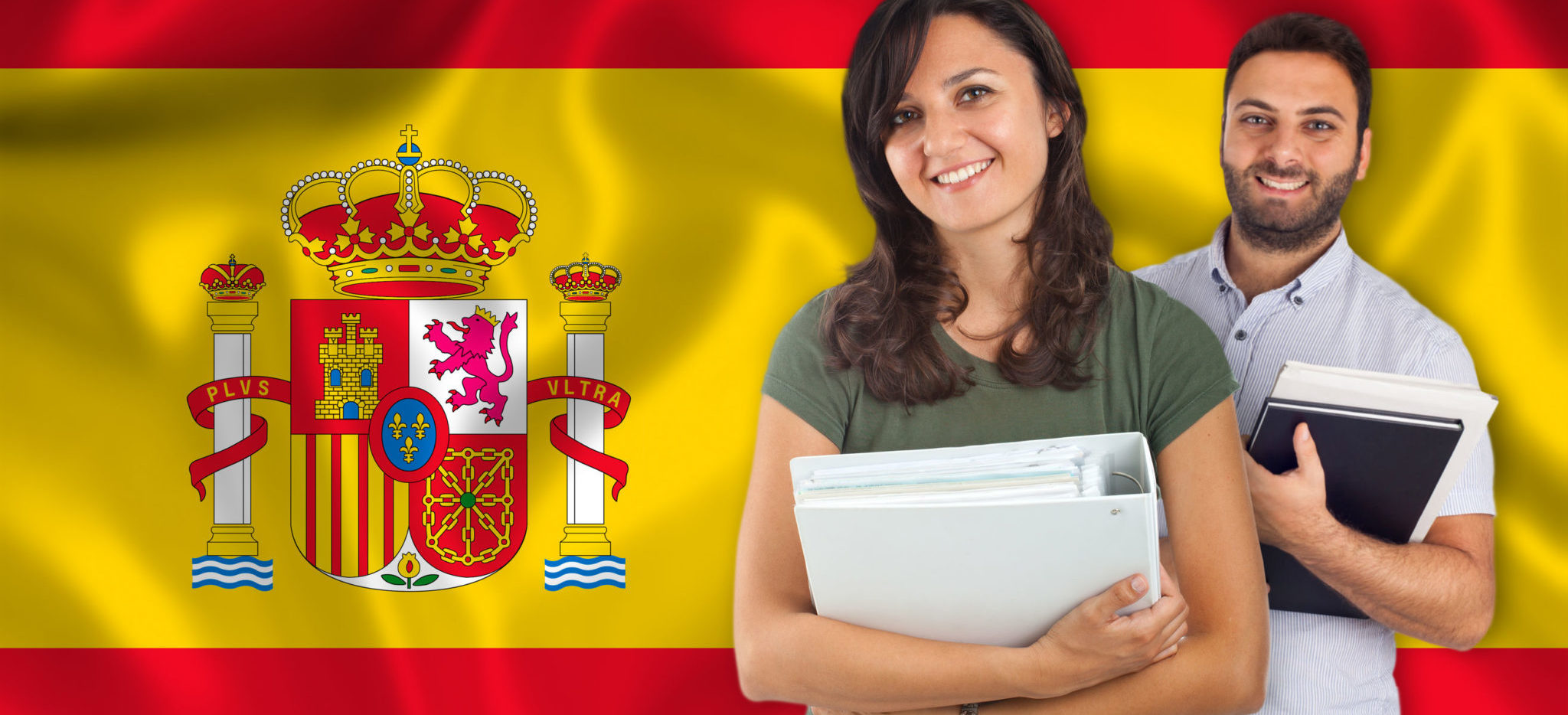 Couple of young students with books over spanish flag